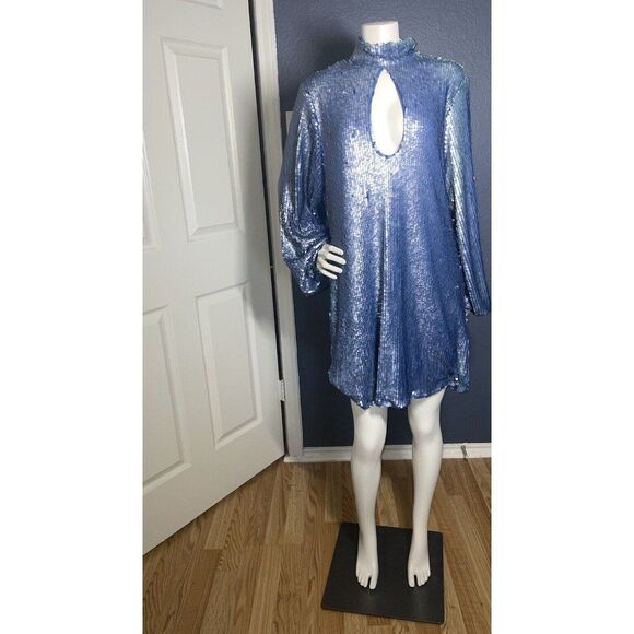Boohoo Sequin High Neck Cut Out Smock Dress Size 10  Blue Sparkly Mini - Picture 3 of 12